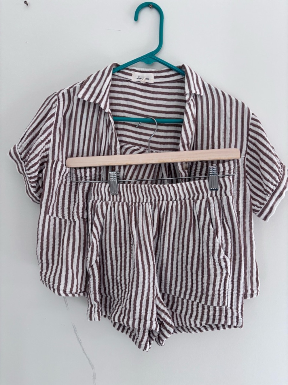 Cotton Gauze Striped Two-Piece Lounge Set - Brown & White
